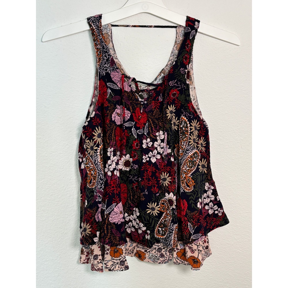Love Fire Floral Paisley Patchwork Tank Top Lace Up Neck Boho Sleeveless Medium